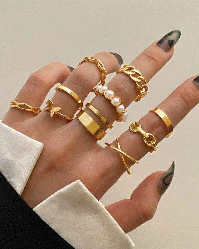 Women's Butterfly Pearl Ring 10-piece Metal Dripping Pearl Ring