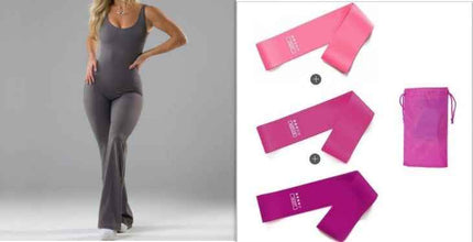 Elegant backless slim fit jumpsuit for yoga, featuring breathable polyester in gray, paired with pink exercise bands.