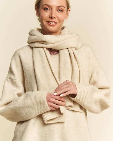 Davi & Dani V-Neck Dropped Shoulder Sweater with Scarf - Plush Fashion Shop #