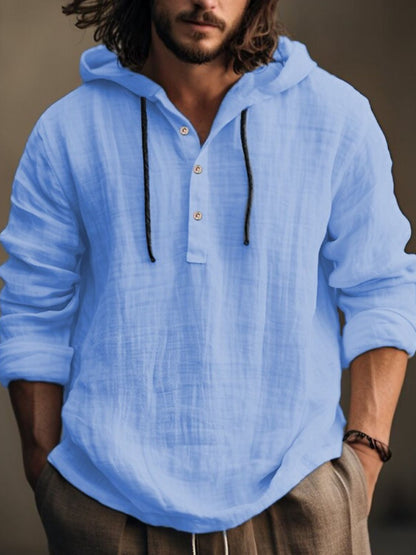 Men's full size half button long sleeve cotton hoodie.