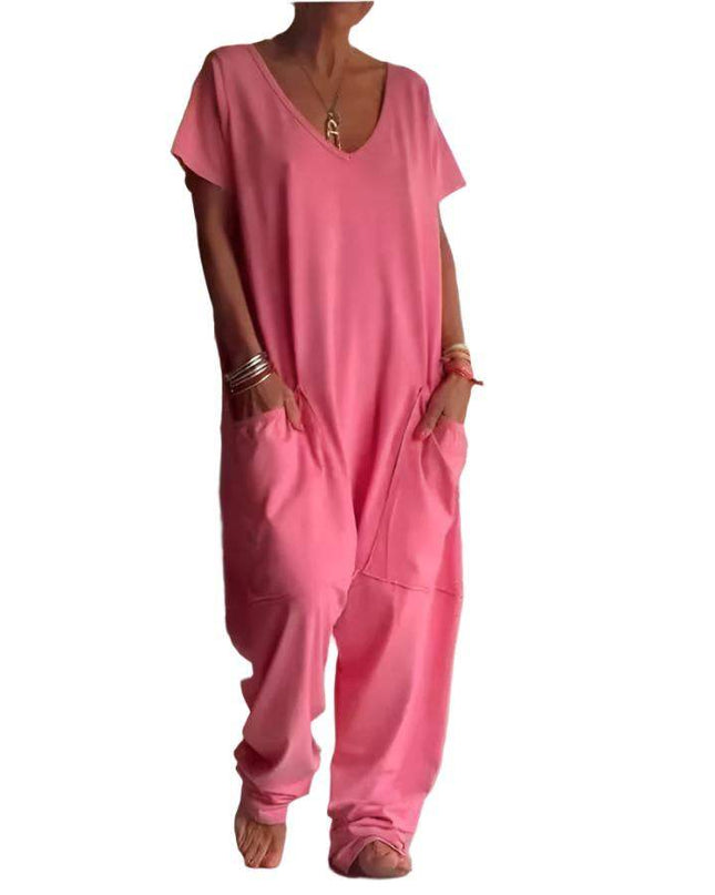 Womens Solid Color V-neck Oversized Pocket Jumpsuit - Plush Fashion Shop #