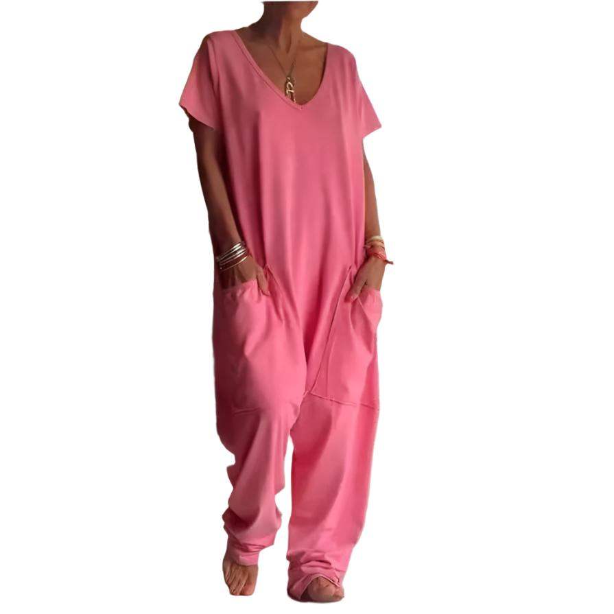 Womens Solid Color V-neck Oversized Pocket Jumpsuit - Plush Fashion Shop #