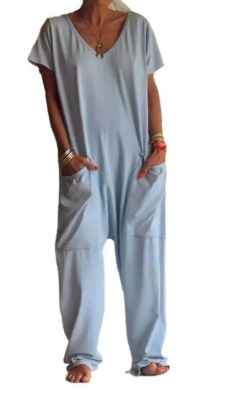 Womens solid color V-neck oversized pocket jumpsuit with straight-leg pants.