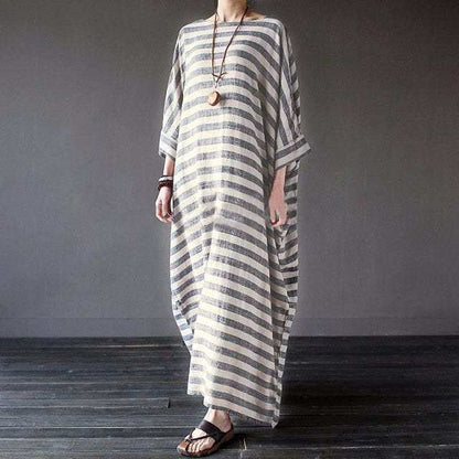 Cotton And Linen Stripes Loose Plus Long Dress - Plush Fashion Shop #