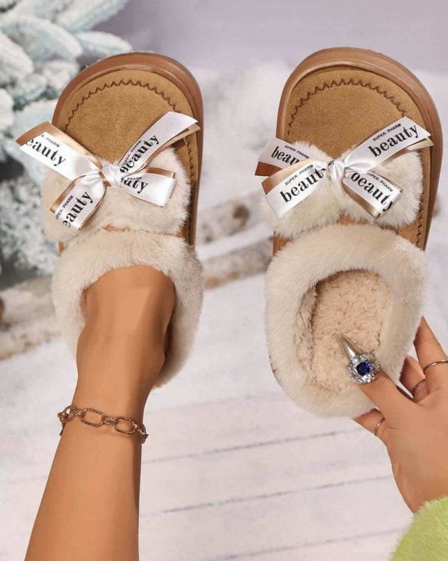 Bow Suede Platform Plush Slippers - Plush Fashion Shop #