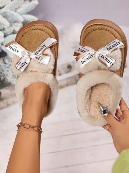 Bow Suede Platform Plush Slippers - Plush Fashion Shop #