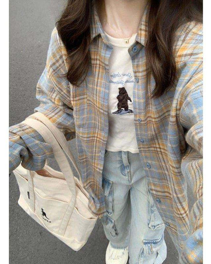 Fashionable Blue Plaid Shirt For Women - Plush Fashion Shop #