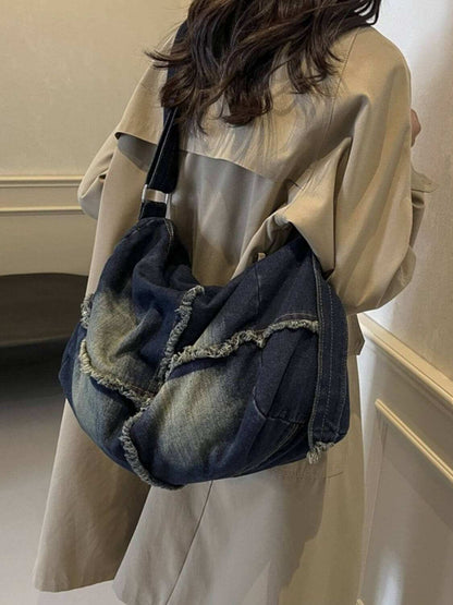 Raw Hem Gradient Crossbody Bag for Women in Denim