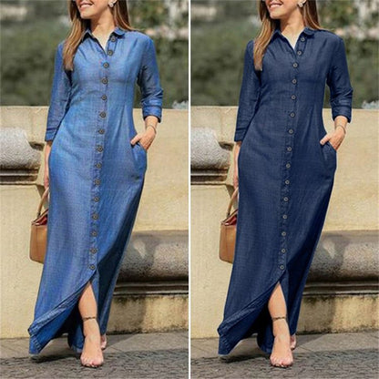 Shirt Collar Denim Button Maxi DressElevate your casual style with this chic shirt collar denim maxi dress. Featuring a button-down front and a flattering maxi length, this dress is perfect for any occDressPlush Fashions ShopPlush Fashion Shop