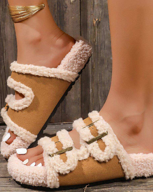 Fluffy Contrast Open Toe Slippers - Plush Fashion Shop #