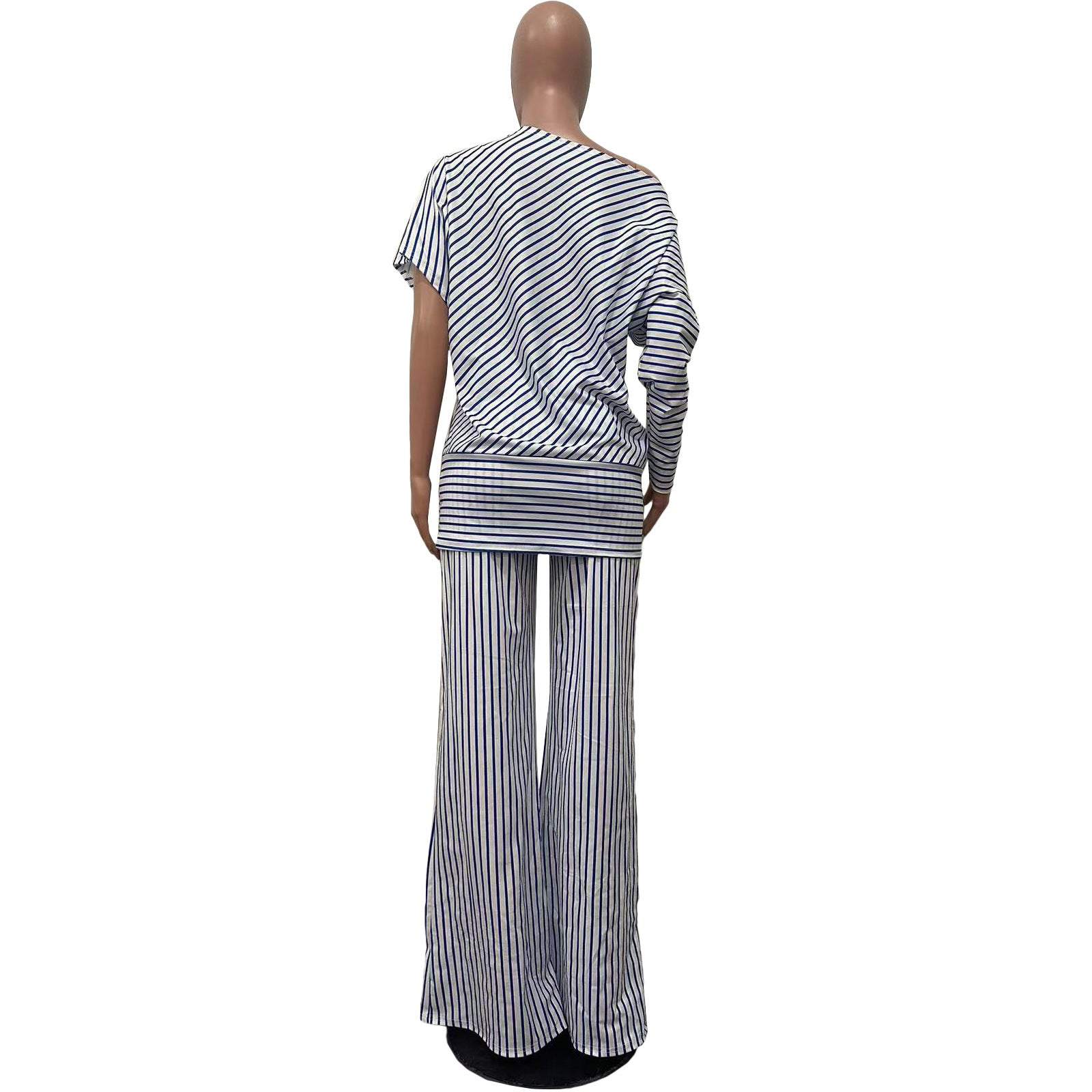 Women's Casual Asymmetric Sleeve Shirt with Pant SetUnleash your inner fashionista with our Volunteer fabric Casual Sleeve Asymmetric Shoulder Suit! This bold and unique suit features a stripe and plaid pattern in whi2 piece Pants setPlush Fashions ShopPlush Fashion Shop