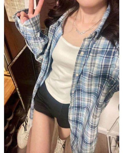 Fashionable Blue Plaid Shirt For Women - Plush Fashion Shop #