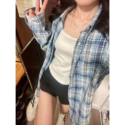 Fashionable Blue Plaid Shirt For Women - Plush Fashion Shop #