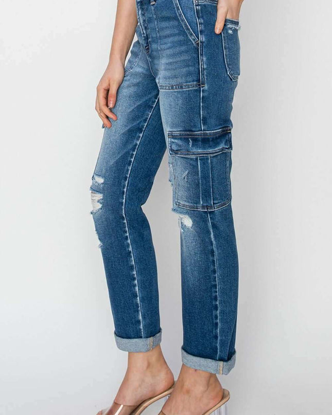 Women's Full Size High Rise Cargo Ankle Roll Up Straight Jeans - Plush Fashion Shop #