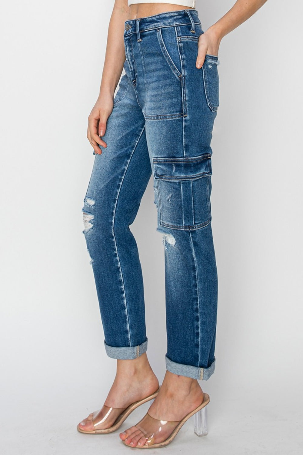 Women's Full Size High Rise Cargo Ankle Roll Up Straight Jeans