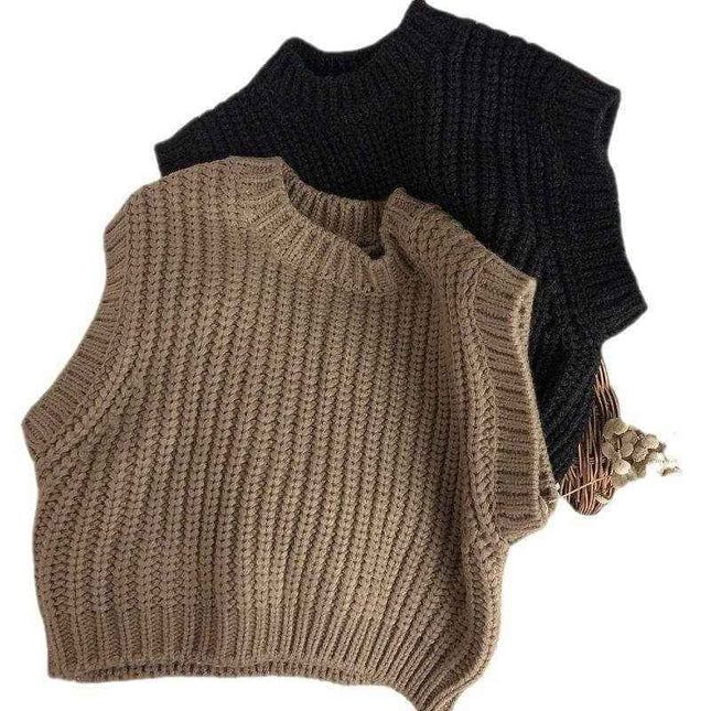 Children's thick stripe pullover sweaters for boys and girls in beige and black.