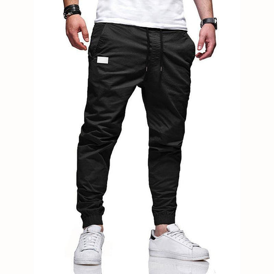 Youth fashion casual tether loose cargo ankle banded pants in black, straight-leg design, cotton blend, sporty style.