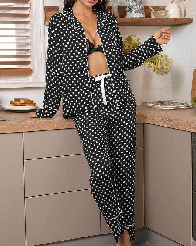 Ladies' Polka Dot Printed Long-sleeved Two-piece Pajamas Set