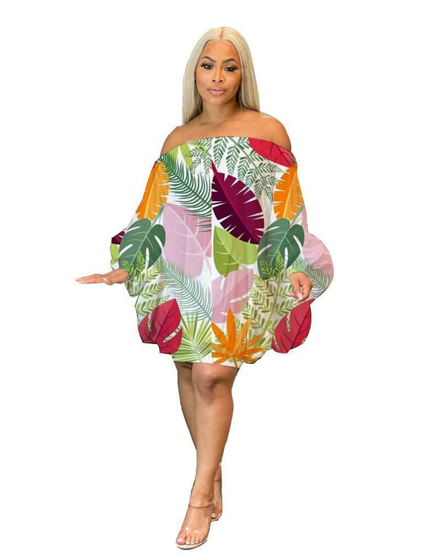 Off Shoulder Satin Printed Bat Sleeve Dress - Plush Fashion Shop #