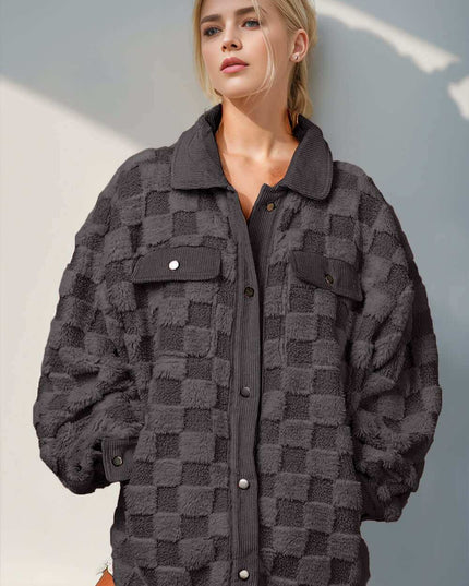 Double Take Button Up Fuzzy Checkered Shacket - Plush Fashion Shop #