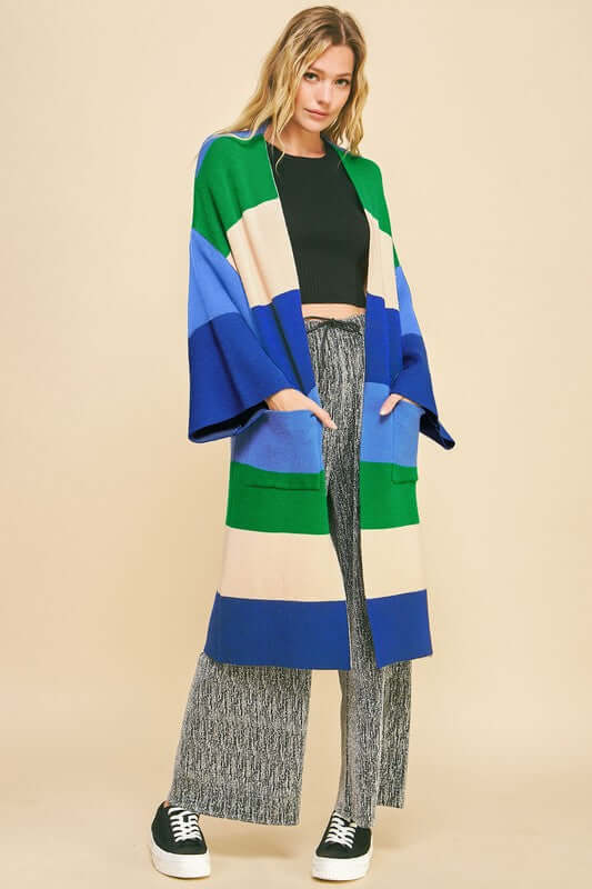 Davi & Dani Color Block Kimono Sleeve Open Front Cardigan with flowy sleeves and bold design.