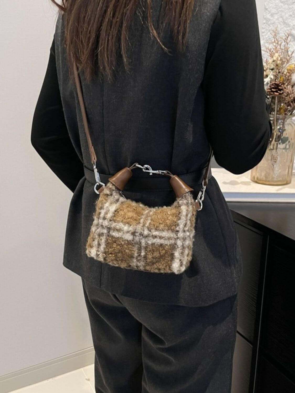 Fuzzy Polyester Mini Handbag with Zipper - Plush Fashion Shop #