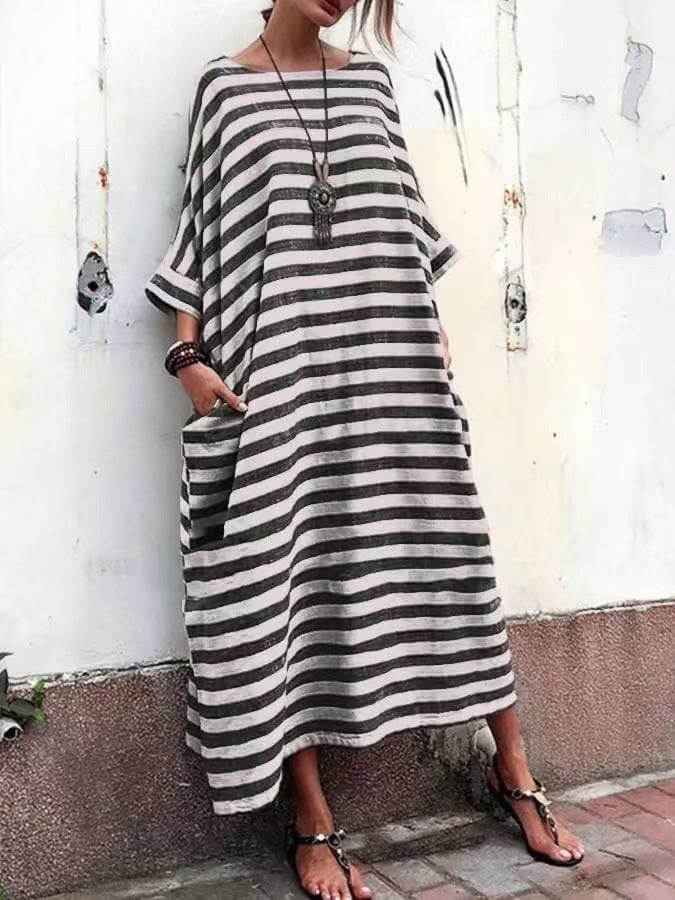 Cotton And Linen Stripes Loose Plus Long Dress