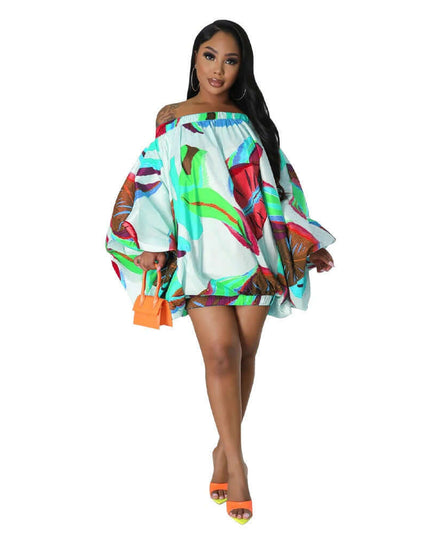 Off Shoulder Satin Printed Bat Sleeve Dress - Plush Fashion Shop #