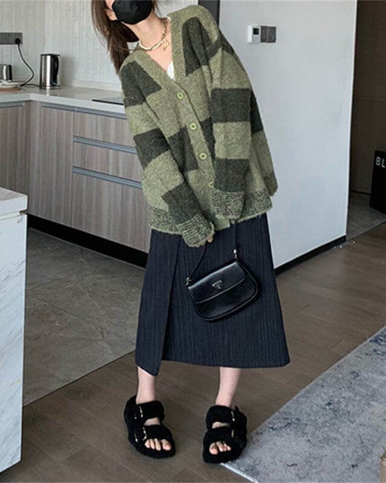 Slim Green Plaid Contrast Knit Women - Plush Fashion Shop #