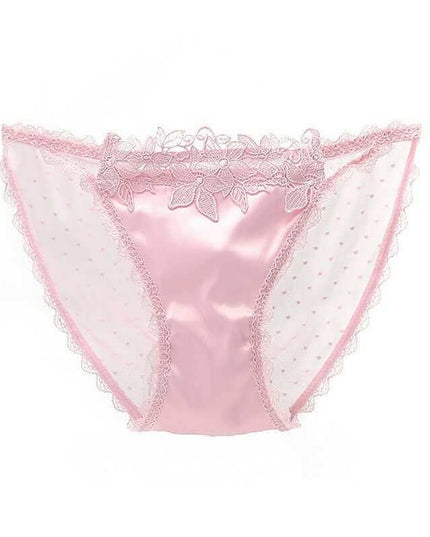 Women's mesh see-through low waist underwear in pink with floral lace design.