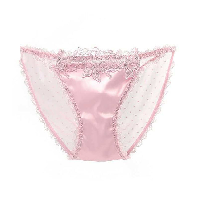 Women's see-through mesh low waist underwear in pink with delicate lace detailing.