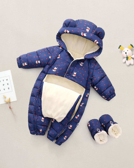 Boys' and Girls' padded thermal onesie in navy with fun print.