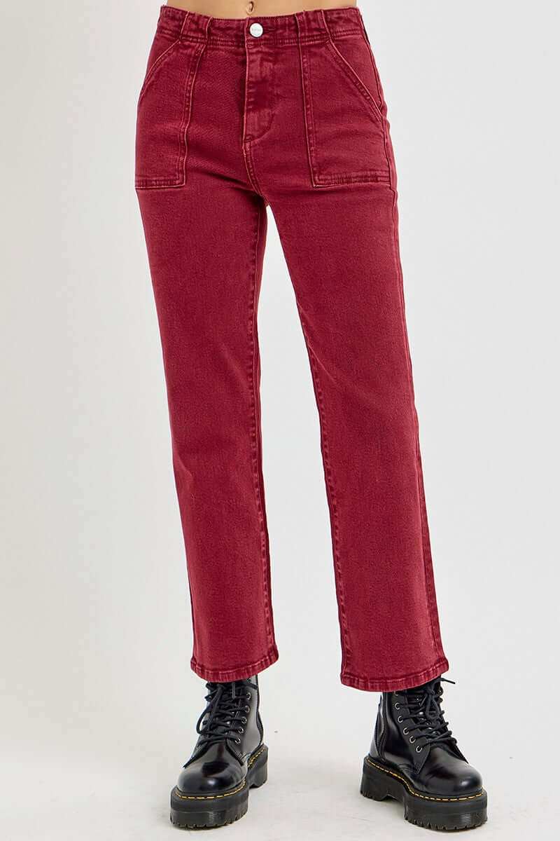 RISEN Full Size High Rise Straight Jeans with Patch Pockets in Red