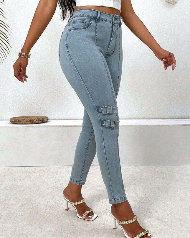 Decorative Buckle Skinny Jeans with Pockets - Plush Fashion Shop #