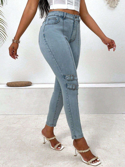 Decorative Buckle Skinny Jeans with Pockets - Plush Fashion Shop #