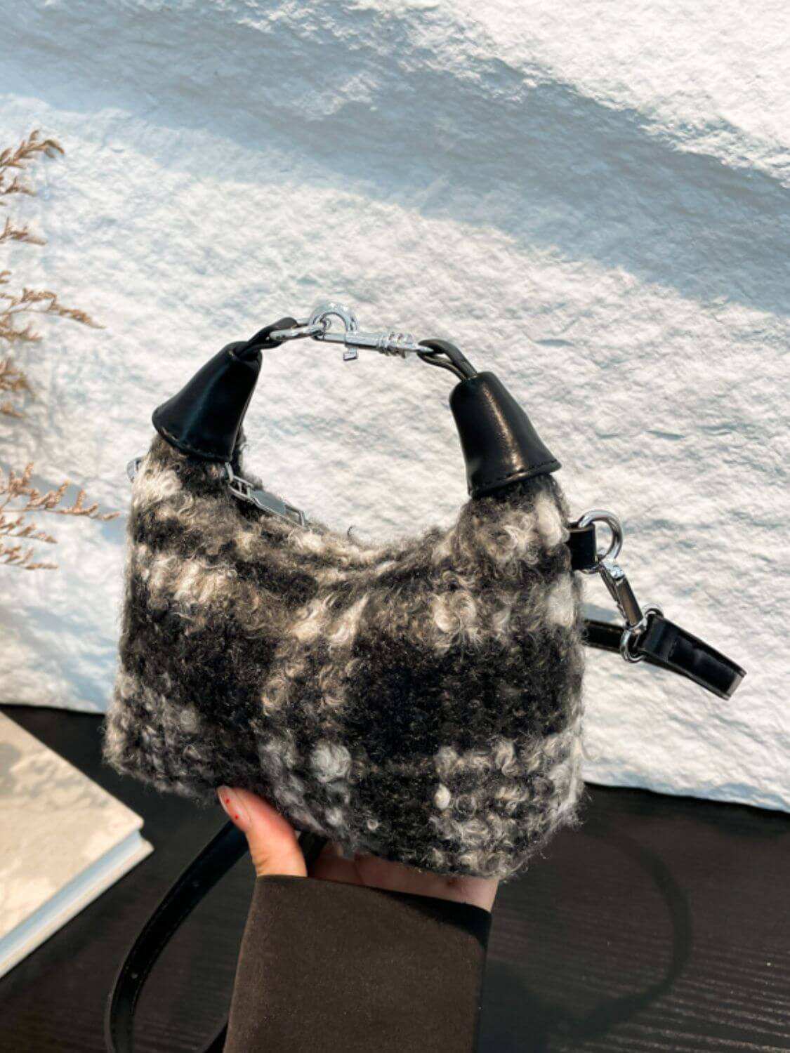 Fuzzy Polyester Mini Handbag with Zipper - Plush Fashion Shop #