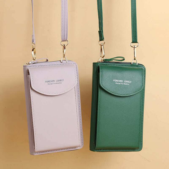 Women mobile phone crossbody large wallet shoulder bag in synthetic leather, shown in vibrant colors.