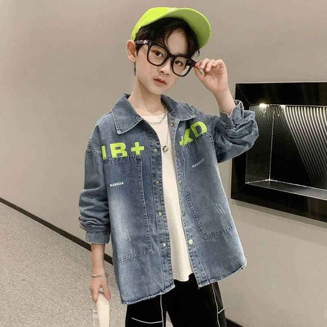 Boys denim shirt jacket in Western style, long-sleeved, perfect for casual occasions.