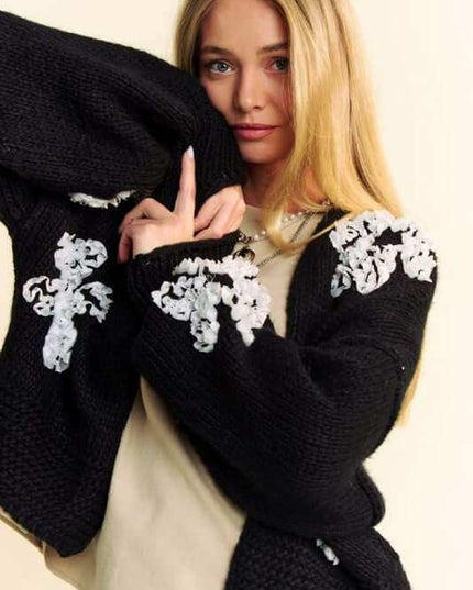 Floral Applique Open Front Dropped Shoulder Cardigan - Plush Fashion Shop #