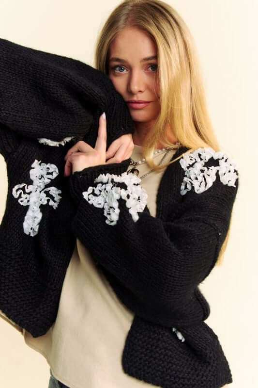 Floral Applique Open Front Dropped Shoulder Cardigan - Plush Fashion Shop #