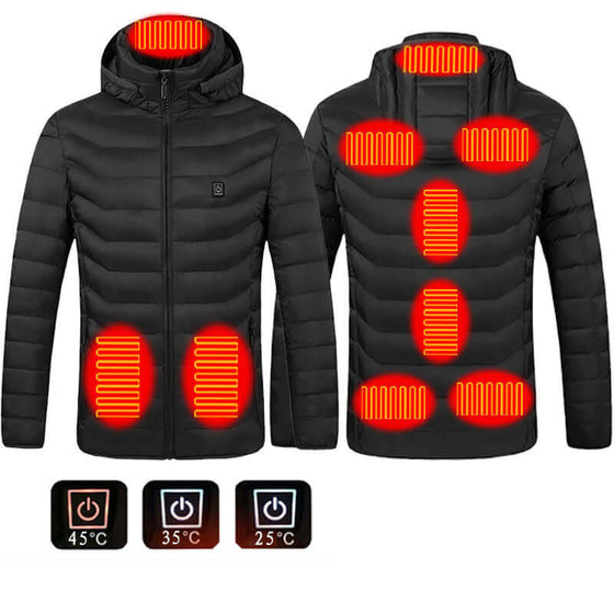 New heated coat with USB electric thermal technology, featuring multiple heating zones and temperature settings for ultimate warmth.