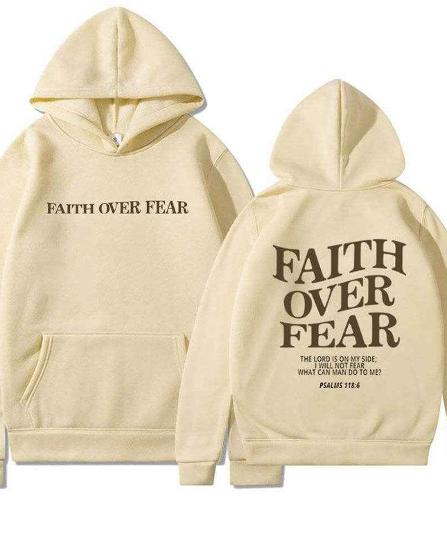 Faith Over Fear hoodies, stylish cotton blend with wool lining, letter pattern, pocket design, men's and women's sizes.