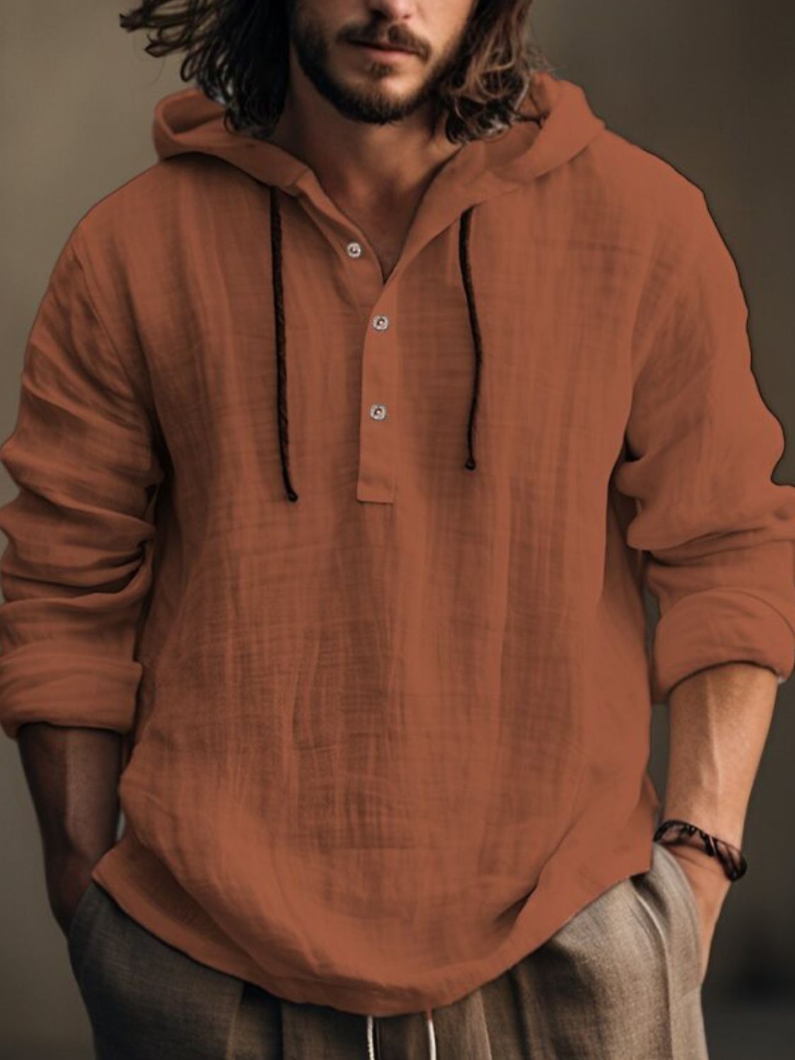 Men's full size half button long sleeve hoodie in brown cotton.