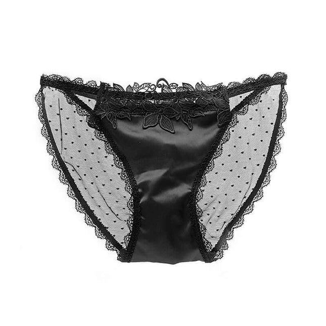 Women's mesh see-through low waist underwear in black with lace accents.