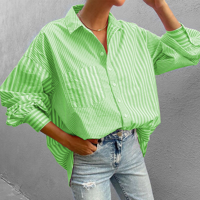 Green striped button down long sleeve shirt.