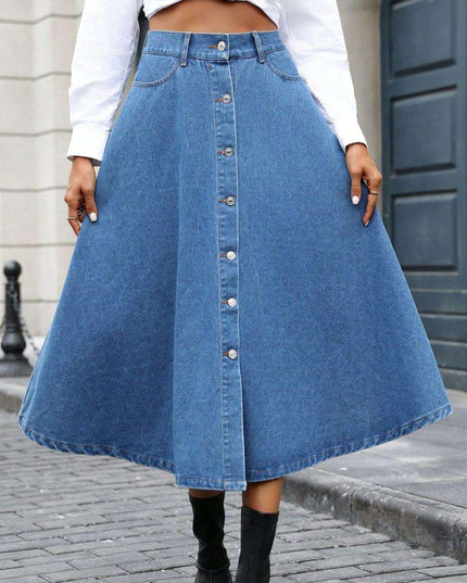 Buttoned Midi Denim Skirt with Pockets - Plush Fashion Shop #