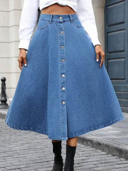 Buttoned Midi Denim Skirt with Pockets - Plush Fashion Shop #