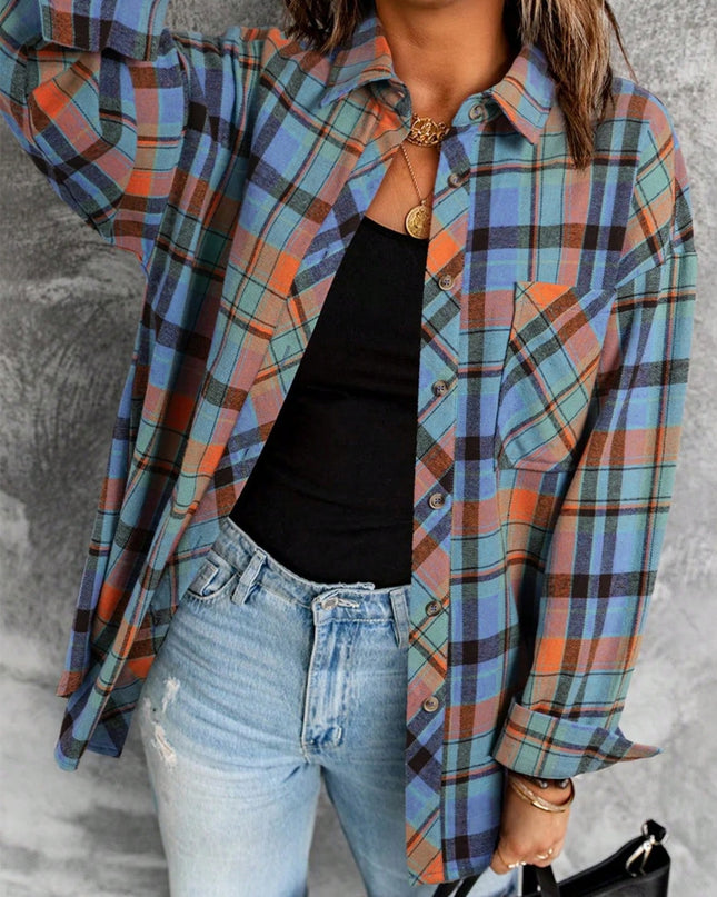 Plaid Collared Neck Long Sleeve Shirt