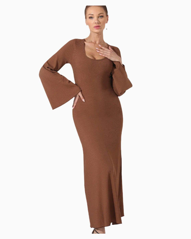 Women's Fashion Solid Color Dress in coffee, featuring a stylish and elegant design.