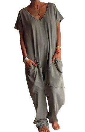 Womens Solid Color V-neck Oversized Pocket Jumpsuit